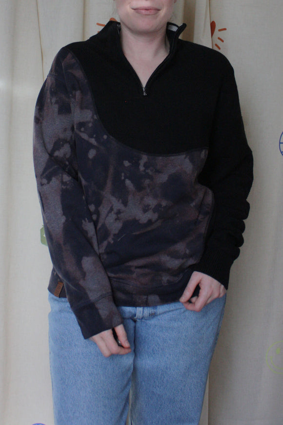 black half zip upcycled with navy bleached sweater, repurposed in canada