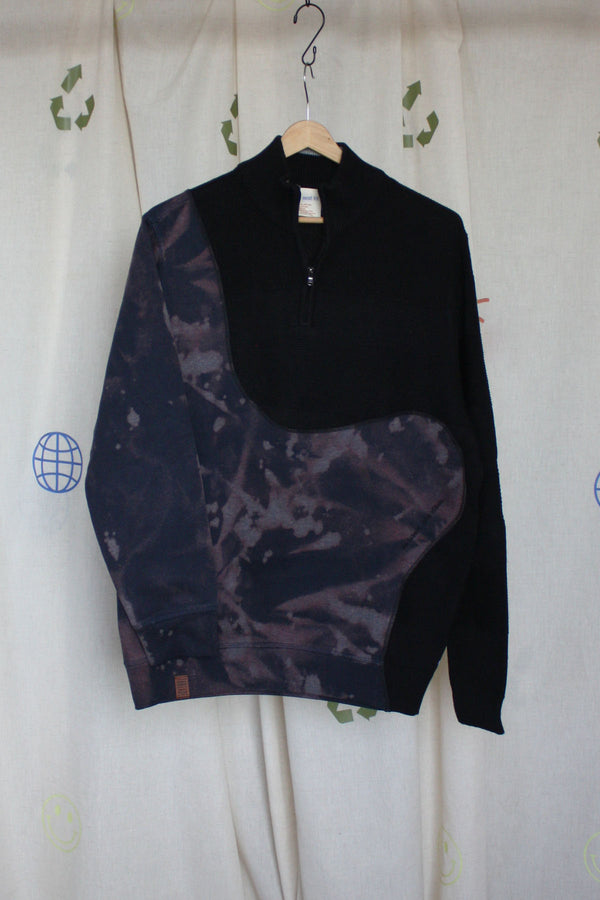 black half zip upcycled with navy bleached sweater, repurposed in canada