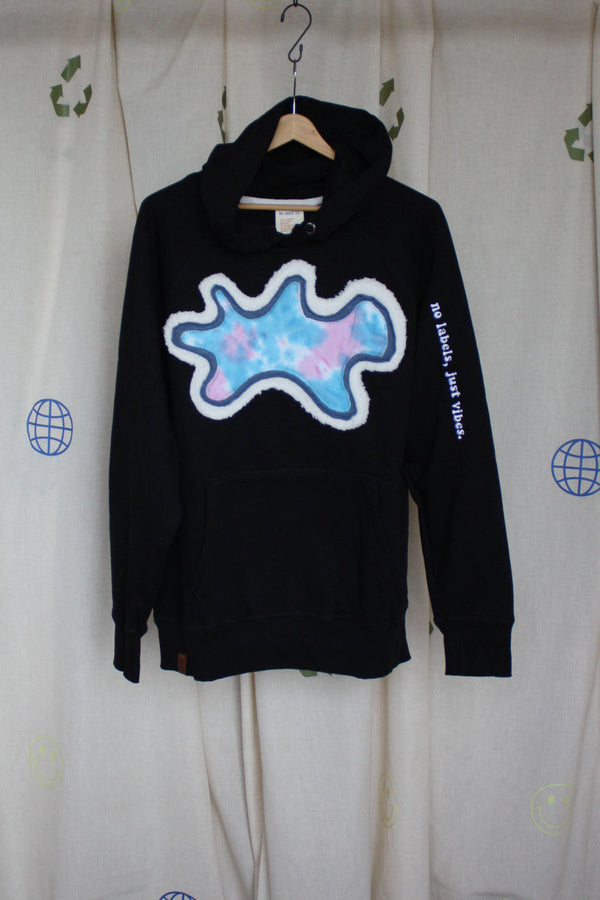 black hoodie with colourful front design, soft white fabric, pretty blue, blue and purple tie-dye, repurposed in canada