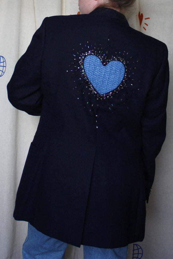 upcycled navy blazer with heart cut out in the back with beading all around it, repurposed in canada