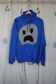 blue upcycled hoodie with fuzzy ghost face on front, repurposed in canada