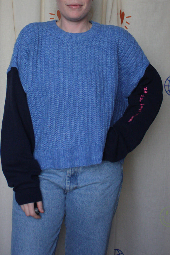 upcycled periwinkle sweater with navy sweater, repurposed in canada