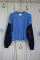 upcycled periwinkle sweater with navy sweater, repurposed in canada