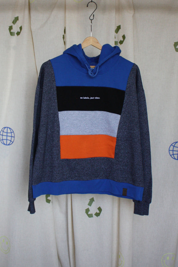 upcycled blue, black, grey and orange hoodie, repurposed in canada