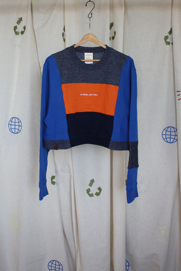 upcycled grey, orange and blue sweater, repurposed in canada