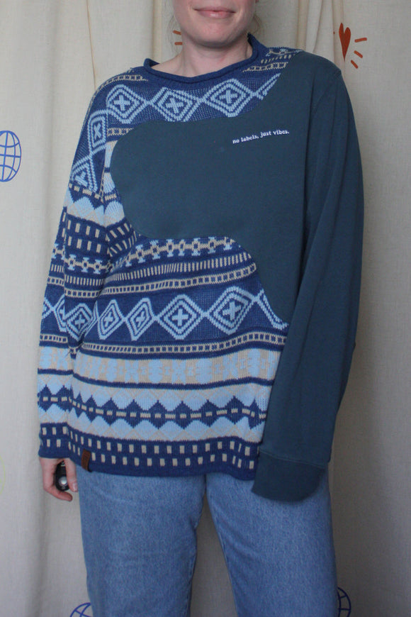 upcycled grandma sweater, blue, cream and light blue print, repurposed in canada