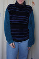 upcycled blue striped turtleneck with teal sleeves, repurposed in canada