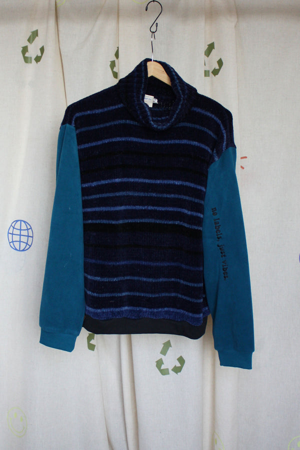 upcycled blue striped turtleneck with teal sleeves, repurposed in canada