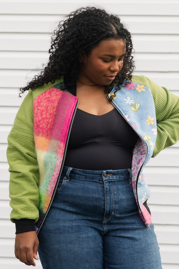 green, pink, and blue bomber jacket, upcycled from barbie quilts and blankets, repurposed in canada size small 