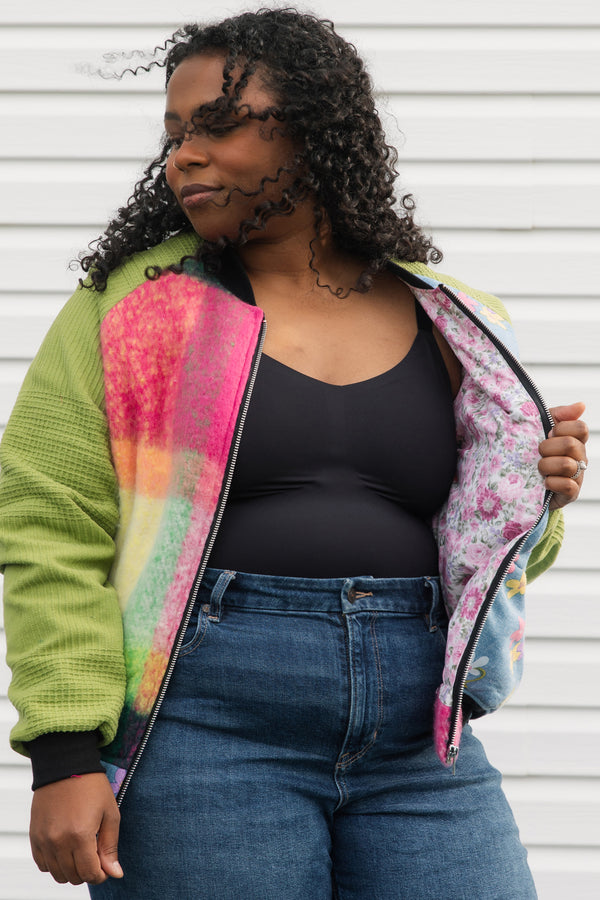 green, pink, and blue bomber jacket, upcycled from barbie quilts and blankets, repurposed in canada size small 