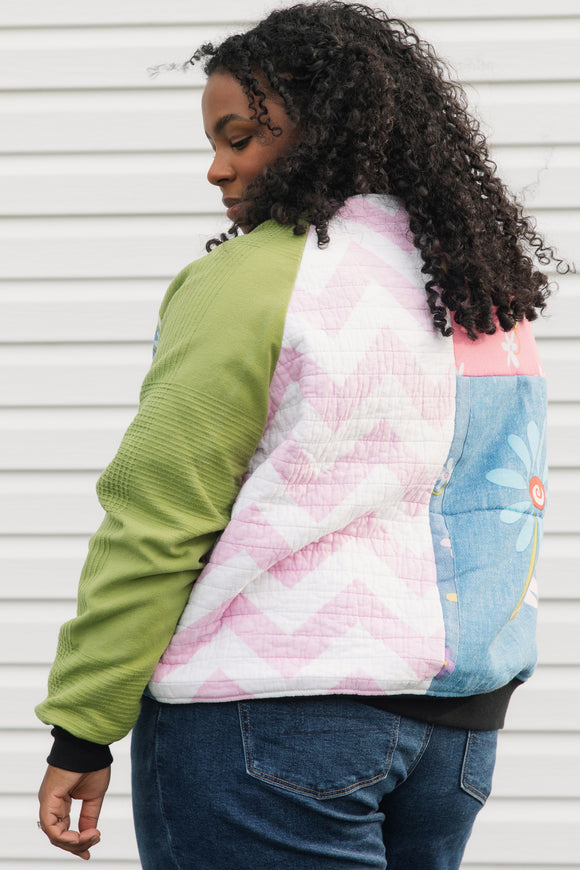 green, pink, and blue bomber jacket, upcycled from barbie quilts and blankets, repurposed in canada size small 