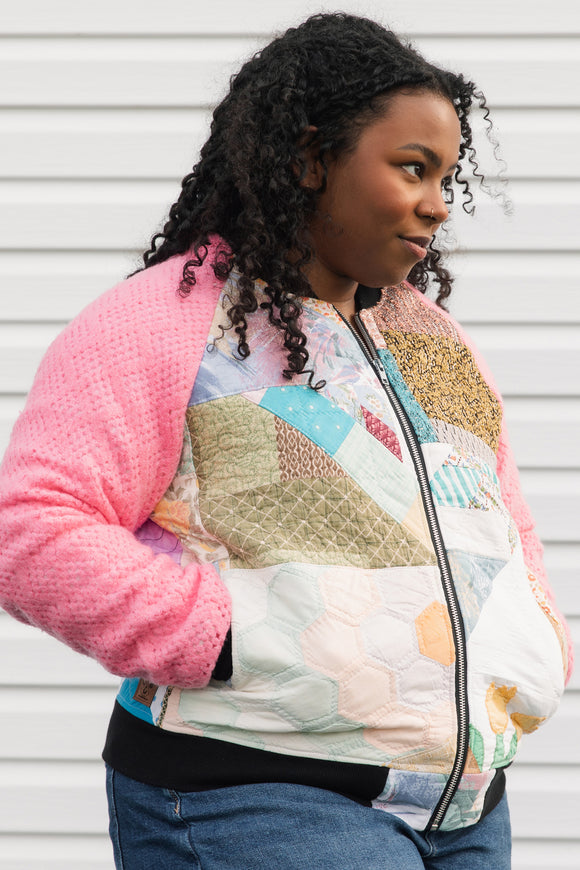 one of a kind bomber jacket, made from quilt scraps, beautiful pastels and vibrant pink sleeves, repurposed in canada