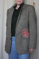 beige/brown upcycled blazer with pink hand embroidered flower, repurposed in canada