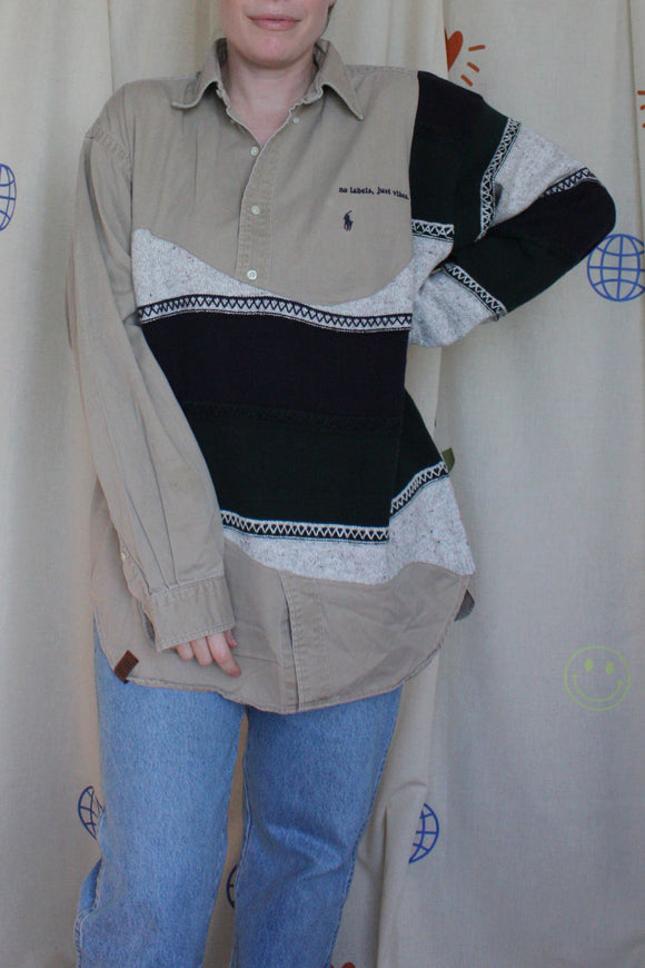 upcycled beige collared shirt with grandpa sweater, repurposed in canada