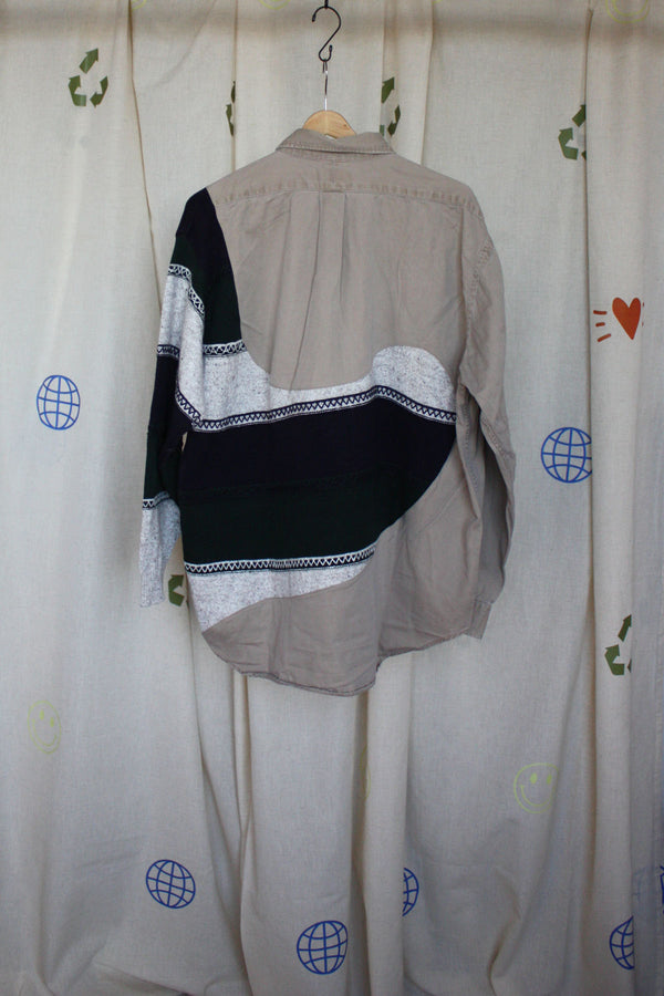 upcycled beige collared shirt with grandpa sweater, repurposed in canada