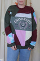 patchwork sweater with green pinks, purples, blues and cranberry colours, repurposed in canada