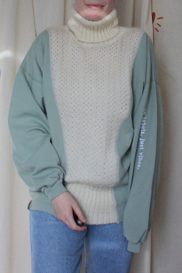 cream knit turtleneck and green sweater, upcycled in canada