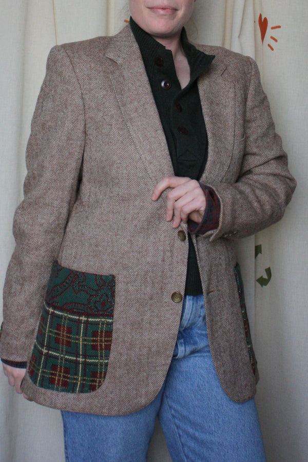 brown blazer with green plaid pockets, and green duck on the back, repurposed in canada