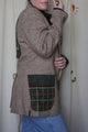 brown blazer with green plaid pockets, and green duck on the back, repurposed in canada