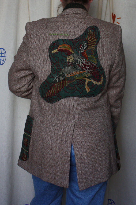 brown blazer with green plaid pockets, and green duck on the back, repurposed in canada