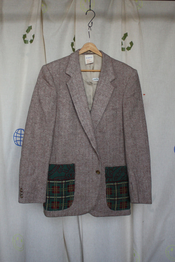 brown blazer with green plaid pockets, and green duck on the back, repurposed in canada