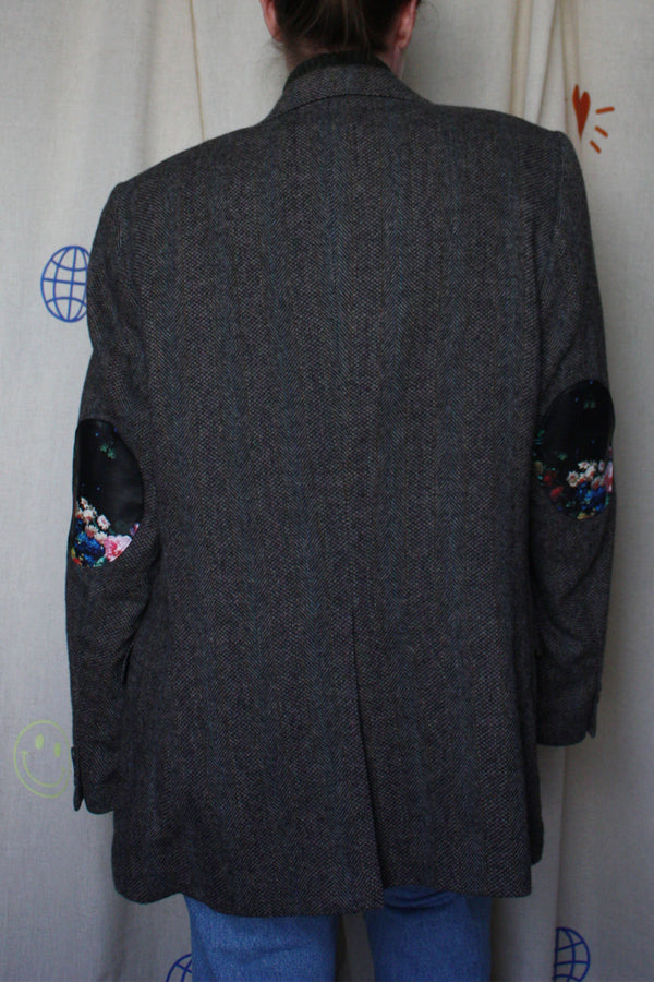 classic dark grey tweed blazer, upcycled with floral faux leather elbow patches, repurposed in canada