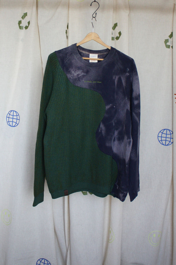 green and blue upcycled sweater, size large and extra comfy, repurposed in canada