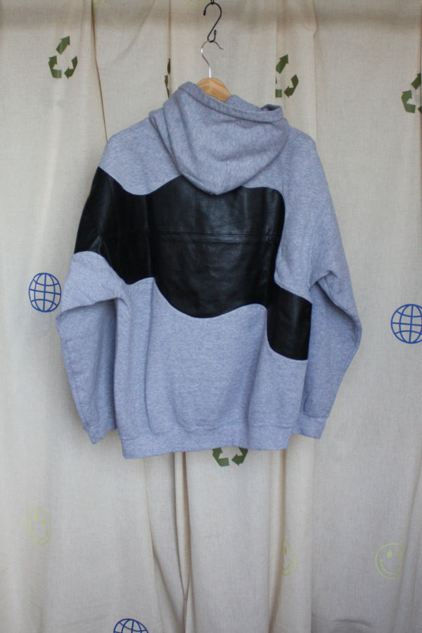 grey upcycled hoodie with black leather detailing, repurposed in canada