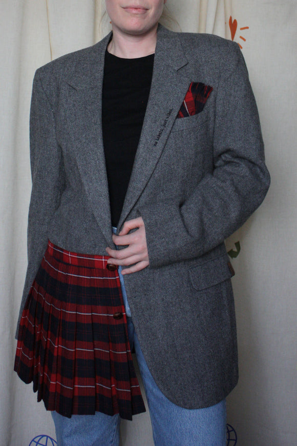 grey tweed blazer upcycled with red plaid quilt to create a unique sport coat, repurposed in canada