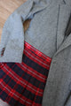 grey tweed blazer upcycled with red plaid quilt to create a unique sport coat, repurposed in canada