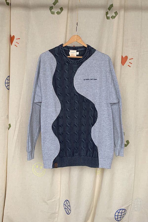 grey athletic sweater with blue knit sweater, upcycled and repurposed in canada