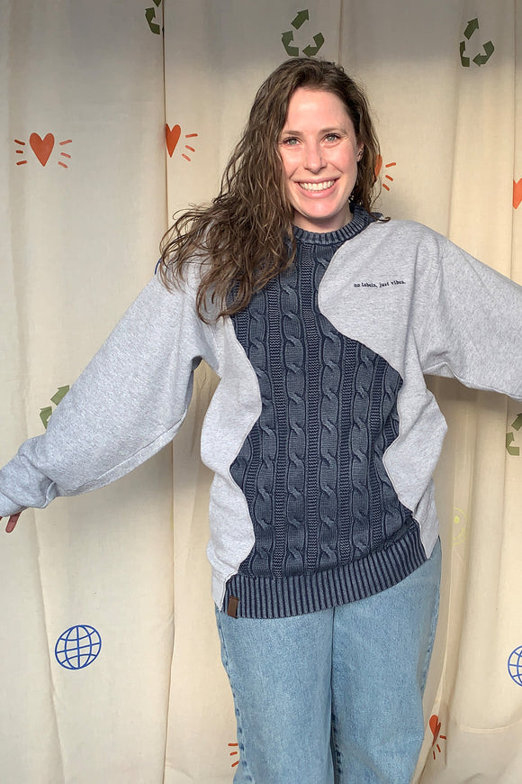 grey athletic sweater with blue knit sweater, upcycled and repurposed in canada