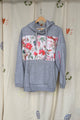 grey upcycled hoodie with pink floral detailing, repurposed in canada