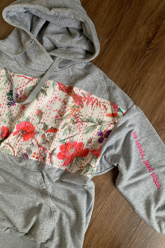 grey upcycled hoodie with pink floral detailing, repurposed in canada