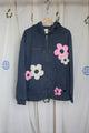 slate grey upcycled hoodie with pink and cream flowers throughout, repurposed in canada