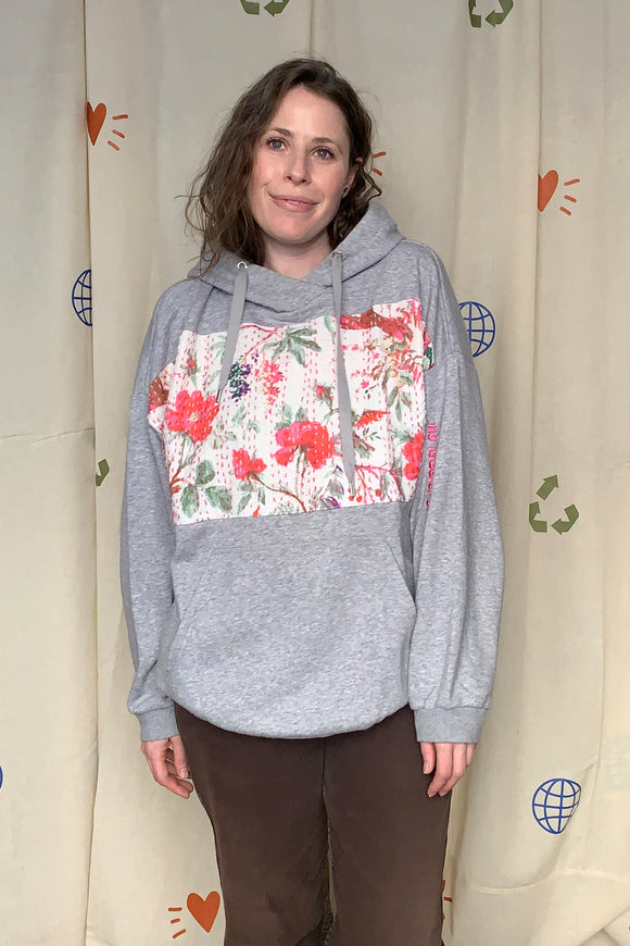 grey upcycled hoodie with pink floral detailing, repurposed in canada