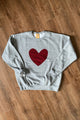 heather grey oversized sweater with cranberry heart applique, upcycled fabric, recycled fabric, handstitched in Ottawa