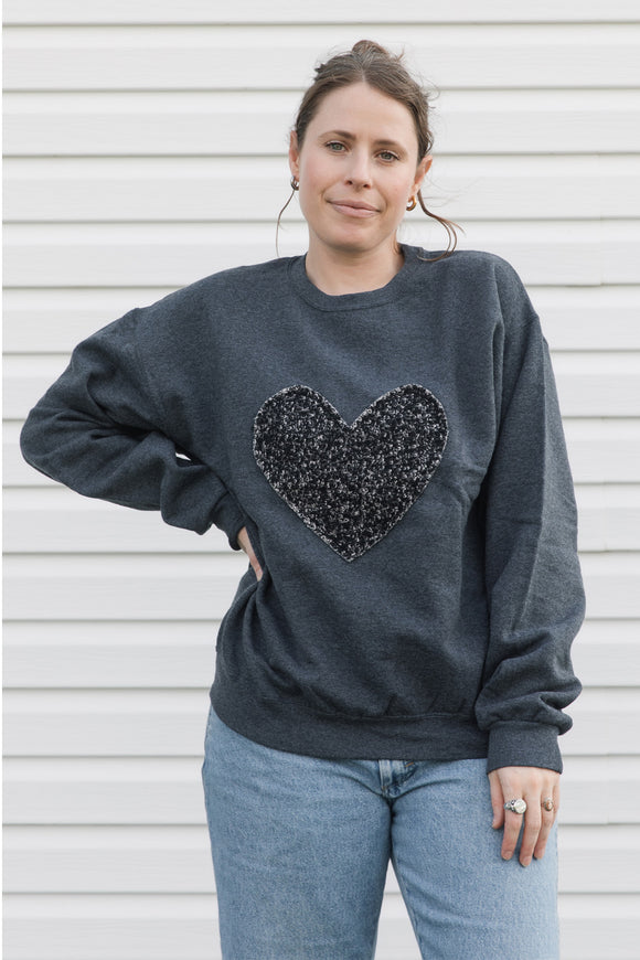 black and white heart on charcoal crewneck sweater, unisex fit, made in canada