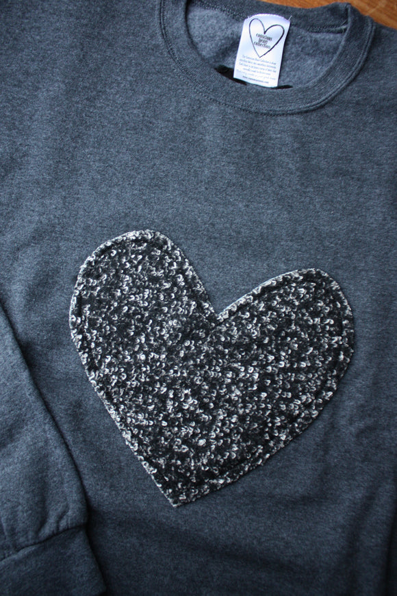 black and white heart on charcoal crewneck sweater, unisex fit, made in canada