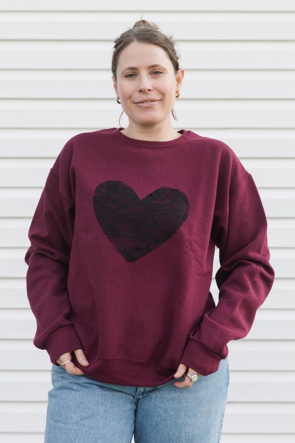 unisex burgundy sweater with black lace heart, made in canada