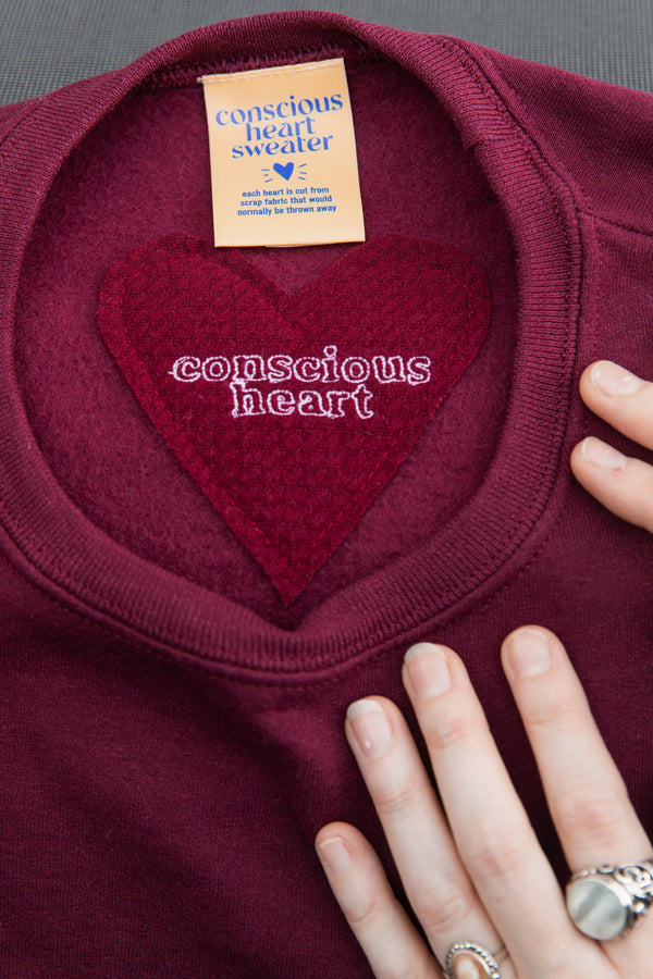 unisex burgundy sweater with black lace heart, made in canada