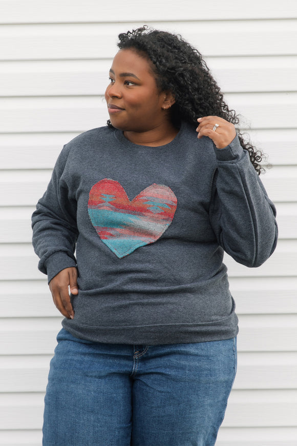 red and blue heart sweater, cut from scrap fabric. upcycled oversized sweater, hand stitched in ottawa