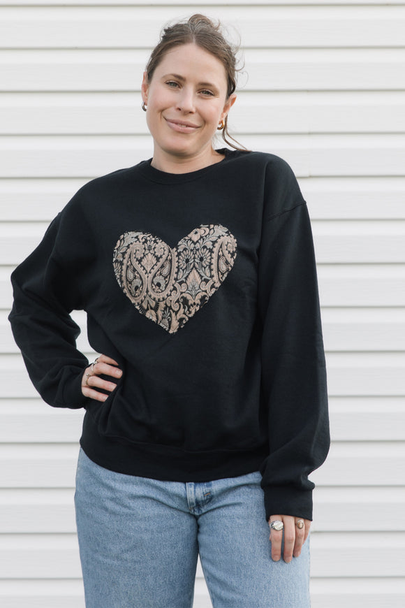 gold damask print heart on black unisex crewneck sweater, made in canada