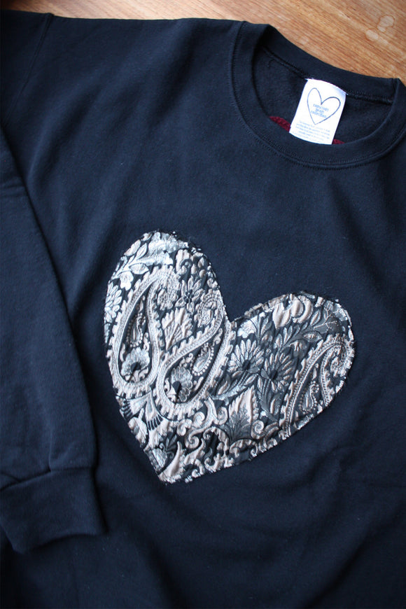 gold damask print heart on black unisex crewneck sweater, made in canada