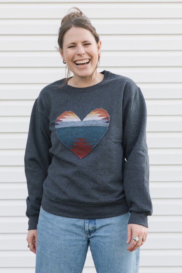 blanket heart sweater, unisex fit, charcoal sweater, made in canada