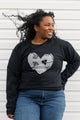 grey heart with floral design on black sweater, unisex and oversized fit, hand sewn in canada