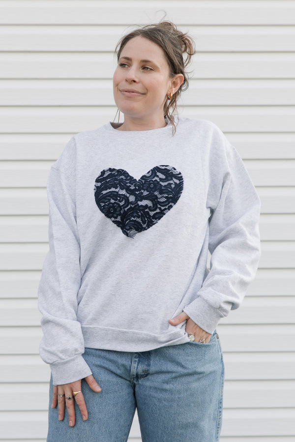 navy lace heart on light grey sweater, unisex and oversized fit, sewn in canada