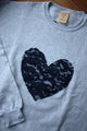 navy lace heart on light grey sweater, unisex and oversized fit, sewn in canada