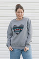 Indigenous blue printed heart on heather grey sweater, unisex and oversized fit, sewn in canada