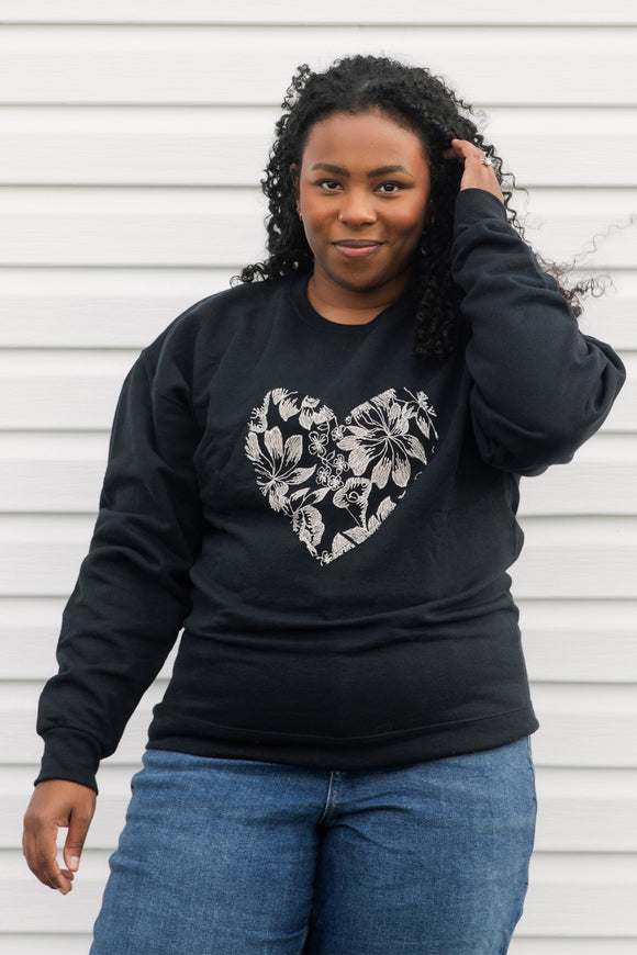 silver floral lace heart sewn on black sweater, unisex and oversized fit, sewn in canada